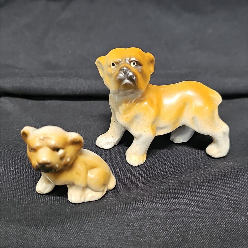 Vintage Porcelain Bulldog Dog Figurines Lot Japan Glazed Mid Century Mini